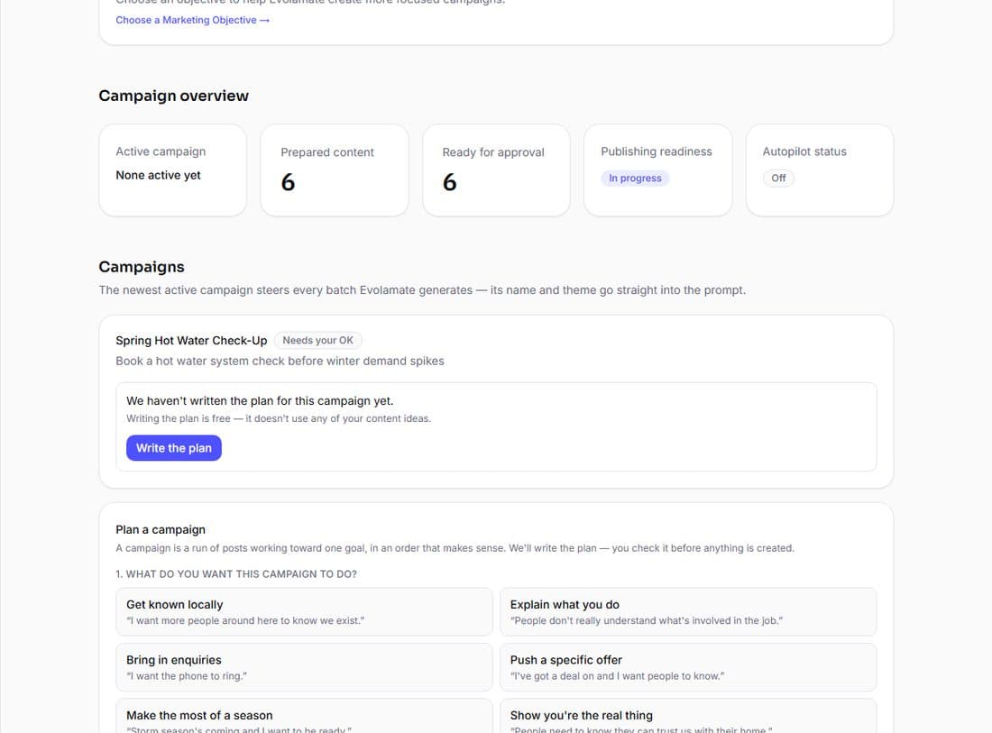 Real screenshot: Plan a campaign, or let it run weekly